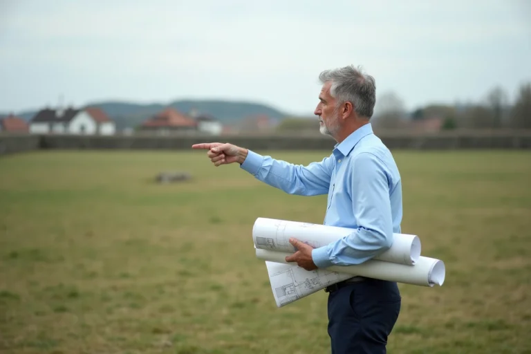 Un homme professionnel évaluant un terrain communal non constructible avec des plans cadastraux à la main