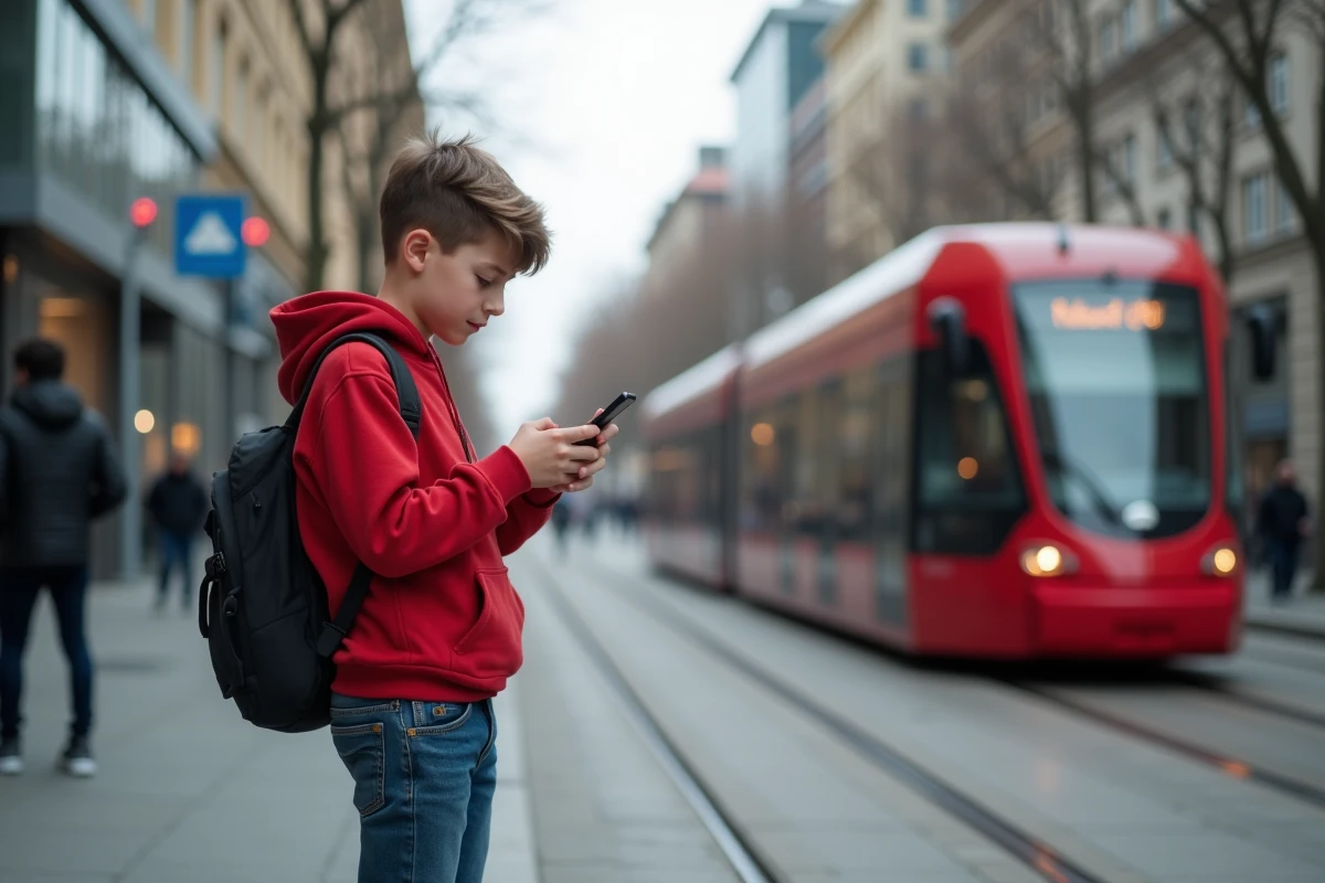 Adolescent regardant son smartphone à un arrêt de tram