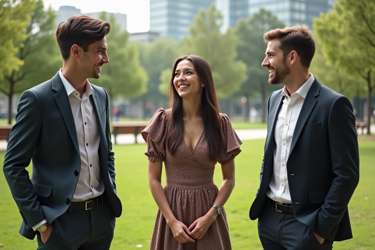 Trois amis riant dans un parc urbain en plein air