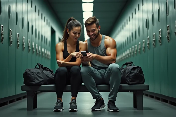 Deux amis en tenue de sport consultant une offre promotionnelle d'abonnement Basic Fit sur smartphone dans un vestiaire