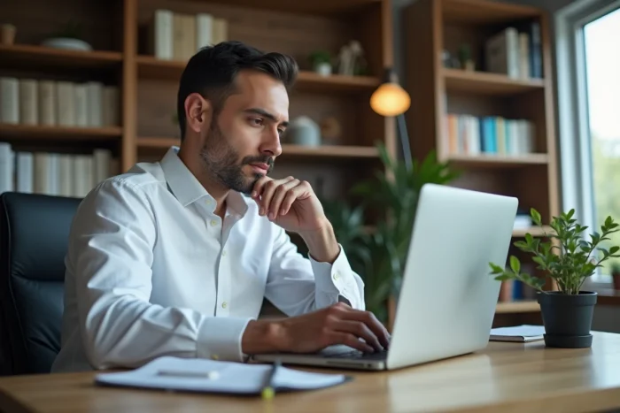 Homme annulant un crédit en ligne sur ordinateur portable dans son bureau à domicile