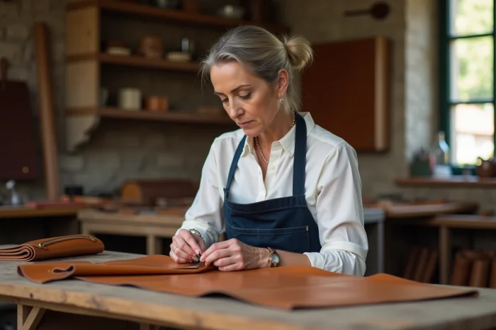Artisane française cousant un sac en cuir dans son atelier parisien