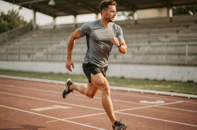 Athlète masculin professionnel en plein sprint sur une piste d'athlétisme lors d'une compétition sportive