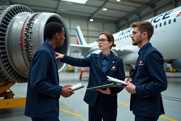 Groupe de cadets Air France examinant un moteur d'avion dans un hangar de maintenance aéronautique