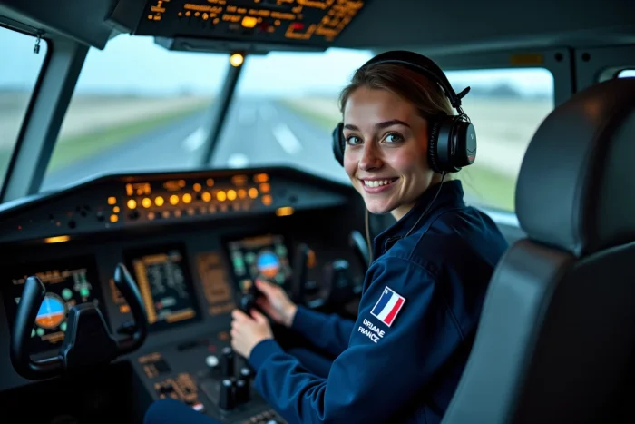 Cadette Air France aux commandes d'un simulateur de vol professionnel lors d'un entraînement réaliste