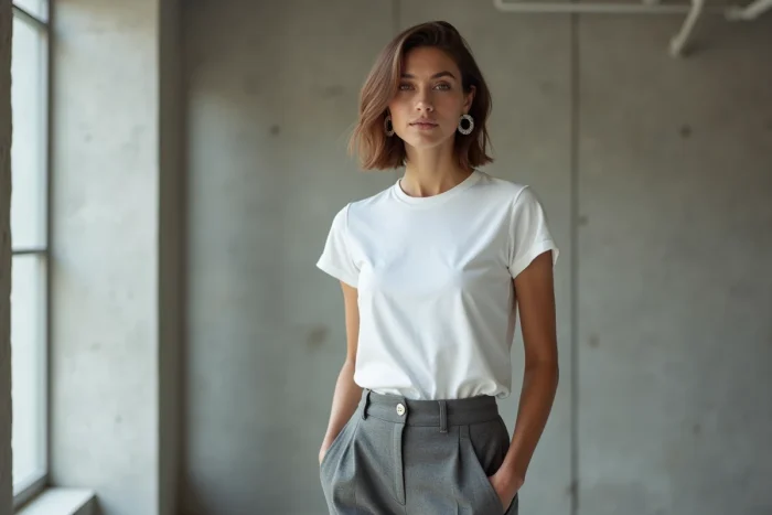 Femme en T-shirt blanc Calvin Klein minimaliste et pantalon tailleur gris devant un mur en béton brut dans un loft industriel
