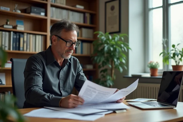 Chercheur CNRS analysant son contrat de salaire dans un bureau universitaire