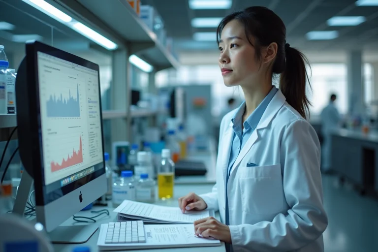 Chercheuse du CNRS en blouse blanche travaillant dans un laboratoire universitaire moderne