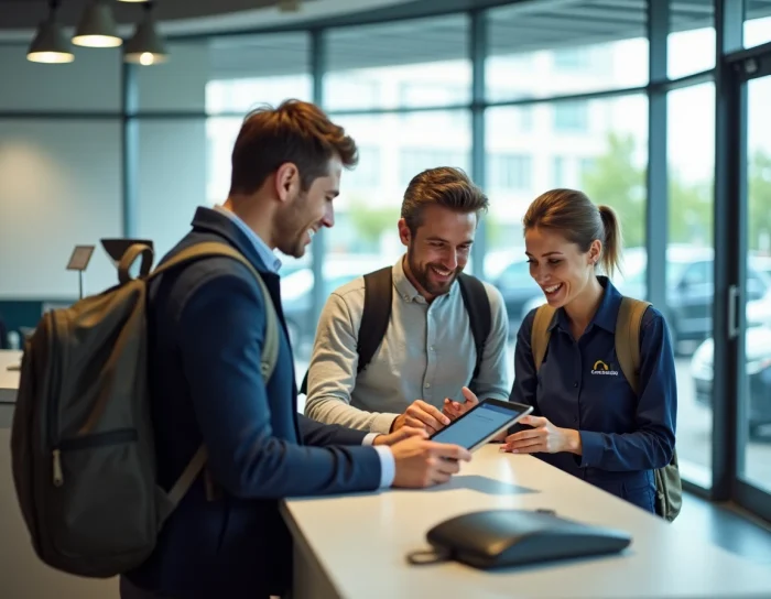 Couple en train de finaliser une réservation de voiture de location à l'agence avec une conseillère