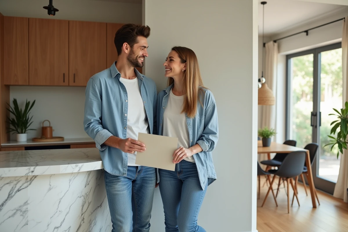 Jeune couple choisissant des échantillons de peinture dans la cuisine moderne