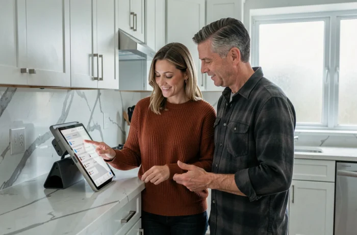 Couple consultant une tablette pour gérer la domotique et la sécurité dans une cuisine moderne