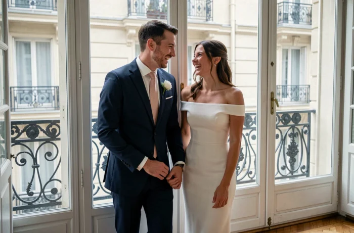 Couple de mariés riant ensemble devant une fenêtre à Paris dans un appartement haussmannien élégant