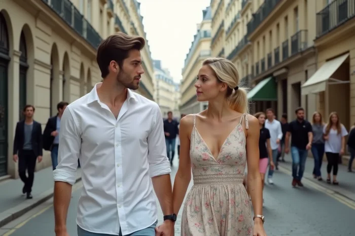 Couple de jeunes adultes marchant dans une rue parisienne, illustration des rumeurs autour d'une relation amoureuse d'influenceurs