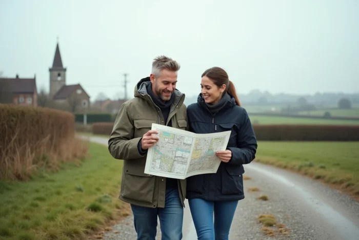 Un couple parcourant un terrain communal à vendre avec un plan cadastral pour préparer leur projet immobilier