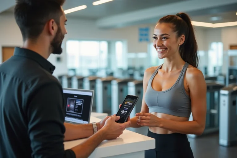 Jeune femme présentant un coupon de réduction sur smartphone à la réception d'une salle de sport Basic Fit