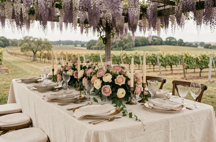 Table de mariage décorée avec des roses, des chandeliers en laiton et de la vaisselle en porcelaine sous une pergola de glycine