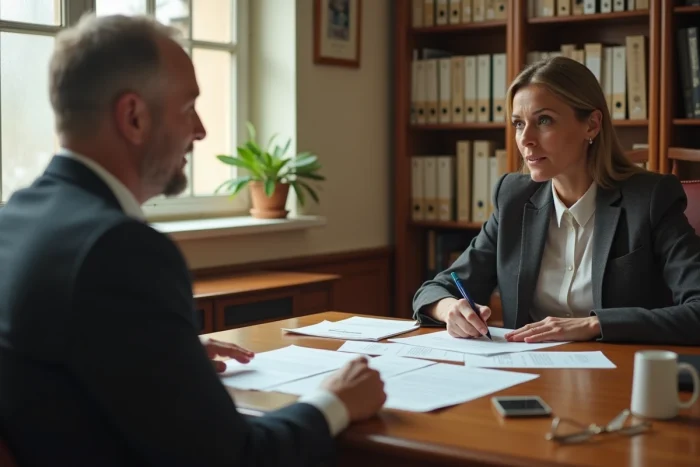 Une femme en réunion avec un agent municipal pour discuter des démarches d'achat d'un terrain communal