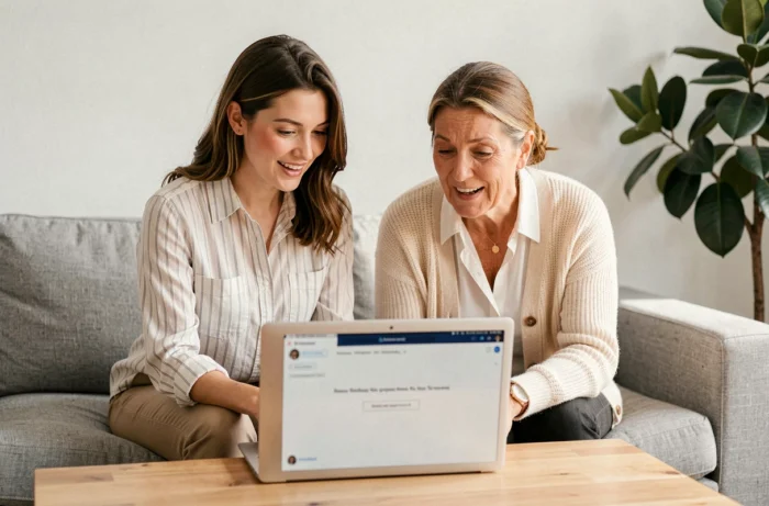 Deux femmes explorant ensemble le contenu d'une plateforme de récits sur un ordinateur portable dans un salon moderne