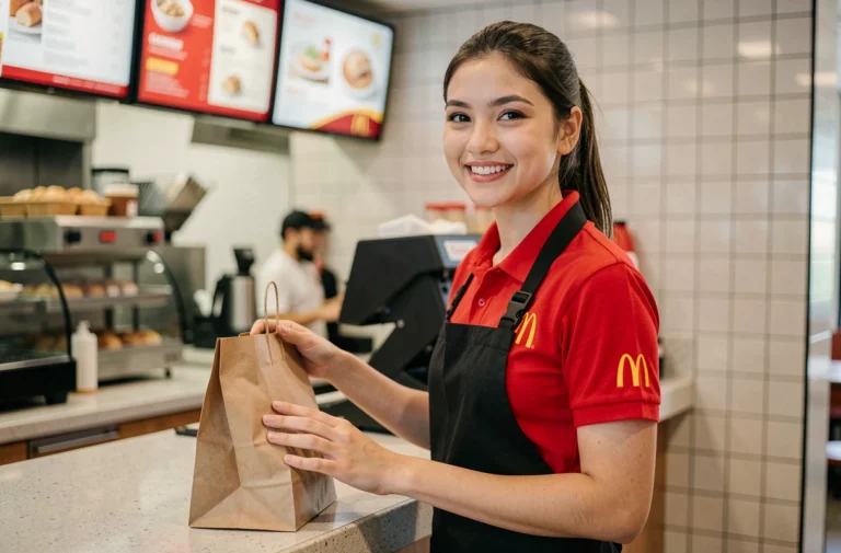 Employée McDonald's en uniforme derrière le comptoir, illustrant les conditions de travail et la grille salariale chez McDo