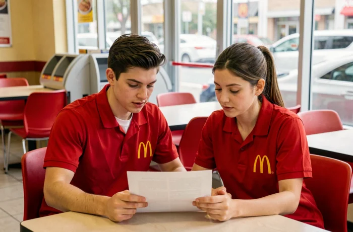 Deux employés McDonald's consultant leur fiche de paie ensemble, symbolisant la transparence de la grille salariale et les droits des salariés