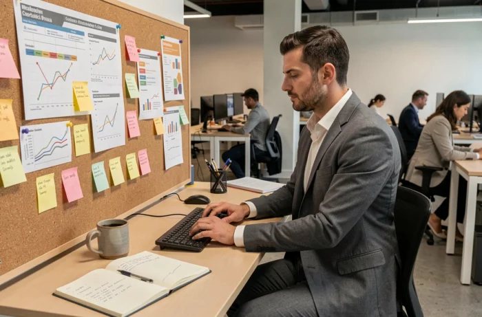 Entrepreneur analysant une feuille de route stratégique dans un espace de coworking dynamique et moderne