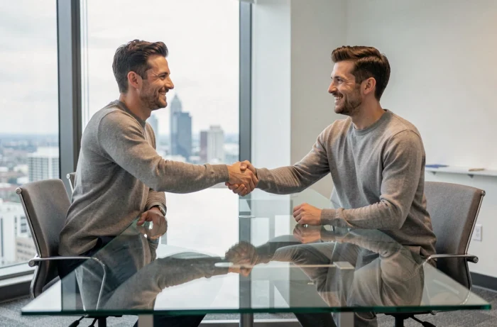 Jeune homme souriant serrant la main d'un recruteur lors d'un entretien d'embauche dans une salle de réunion moderne