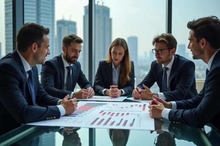 Groupe de professionnels d'affaires analysant un classement financier