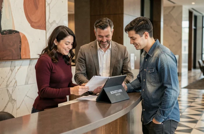 Équipe professionnelle diversifiée collaborant sur des services innovants dans un hall d'entreprise moderne