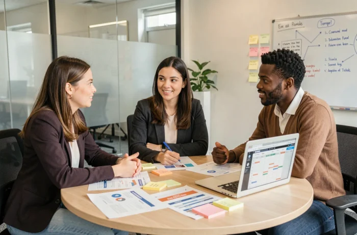 Équipe de professionnels élaborant une stratégie de présence en ligne autour d'une table de réunion