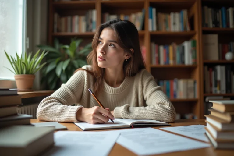 Jeune femme étudiant la grammaire française dans un cahier, entourée de livres de conjugaison et de fiches d'apprentissage