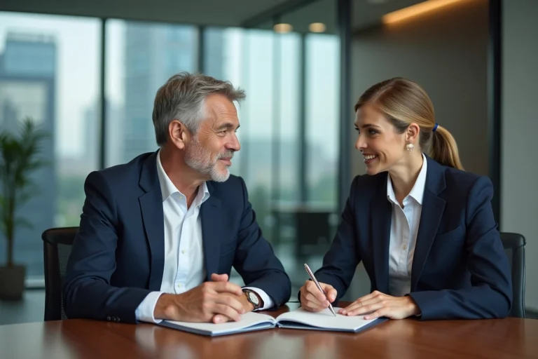 Homme executif en costume bleu en discussion avec une coach