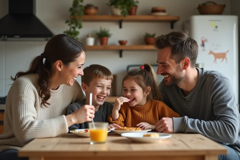 Famille souriante partageant un petit déjeuner convivial à la maison