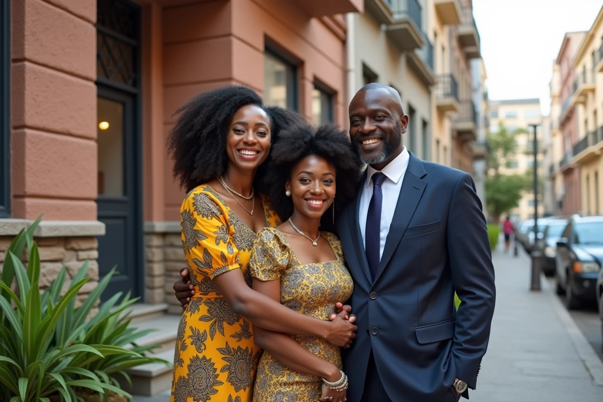 Famille africaine devant immeuble en ville