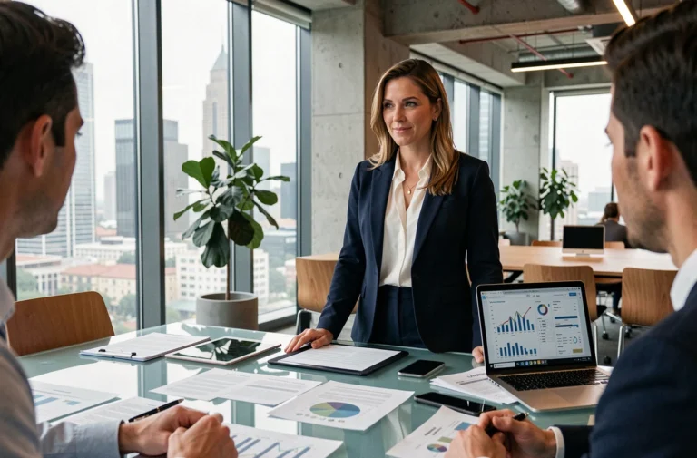 Femme d'affaires présentant des stratégies innovantes lors d'une réunion professionnelle dans un bureau moderne