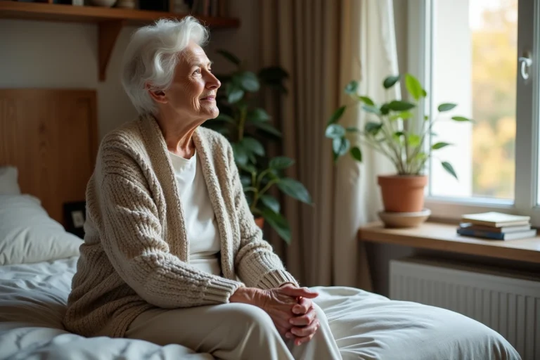 Femme âgée assise sur son lit dans une ambiance chaleureuse