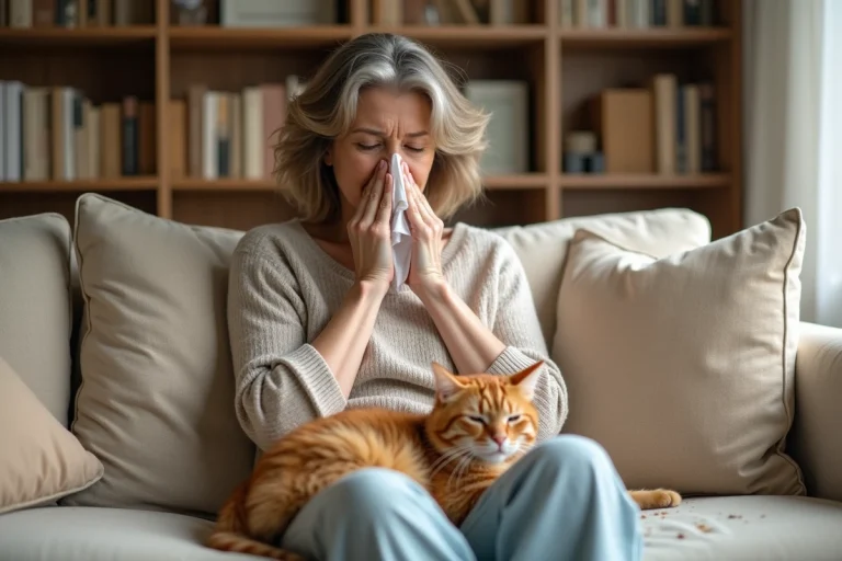 Femme allergique aux poils de chat éternuant sur son canapé avec son chat roux