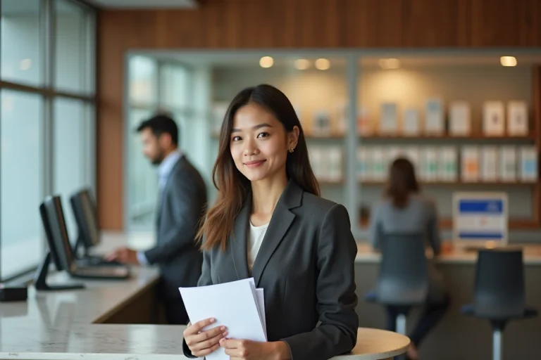 Femme d affaires en blazer dans une banque moderne
