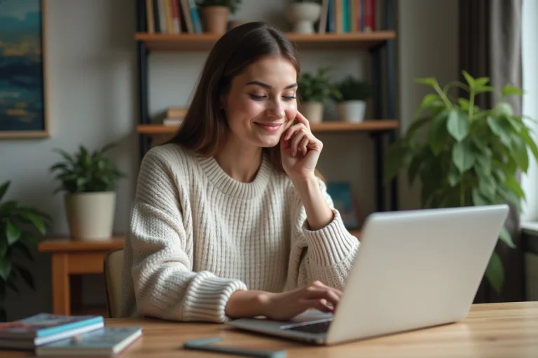 Jeune femme au bureau à domicile avec ordinateur portable