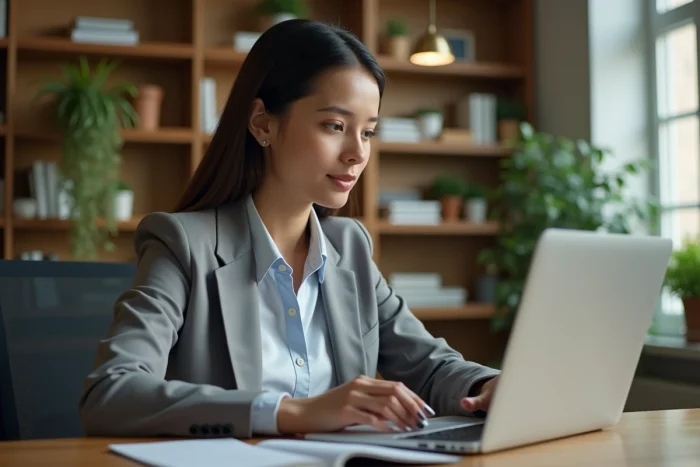 Jeune femme au bureau analysant un graphique boursier