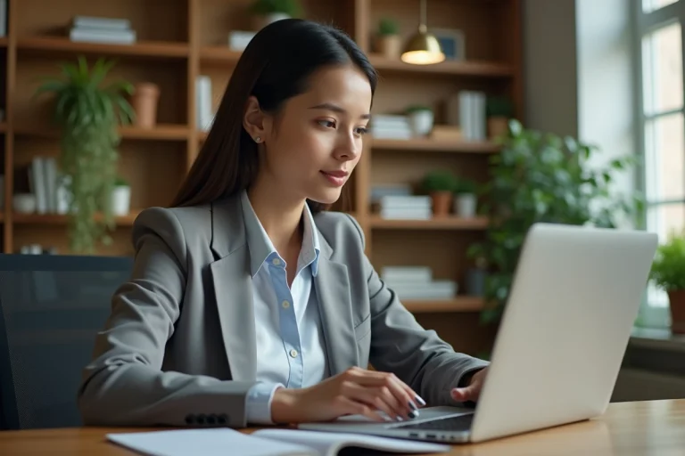 Jeune femme au bureau analysant un graphique boursier