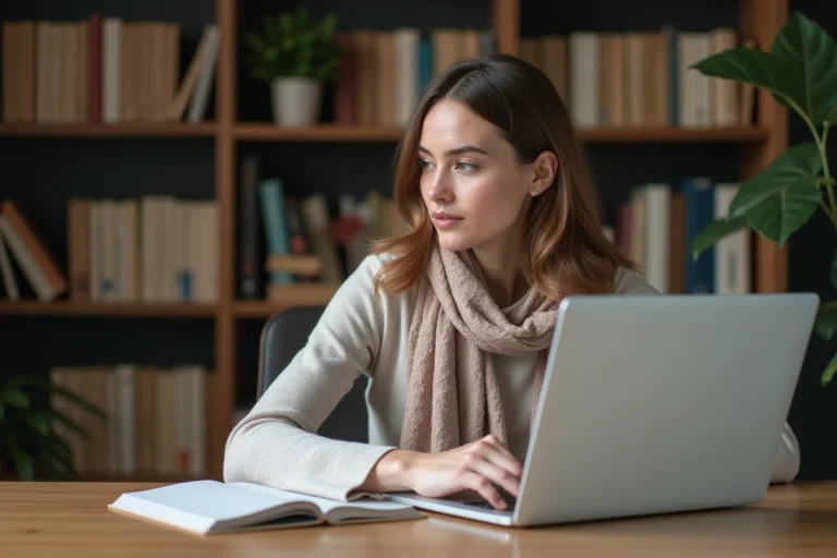Femme en bureau à domicile avec ordinateur et livres