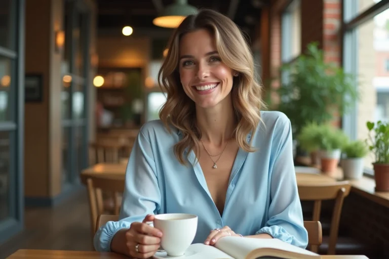Femme souriante lisant un livre dans un café lumineux