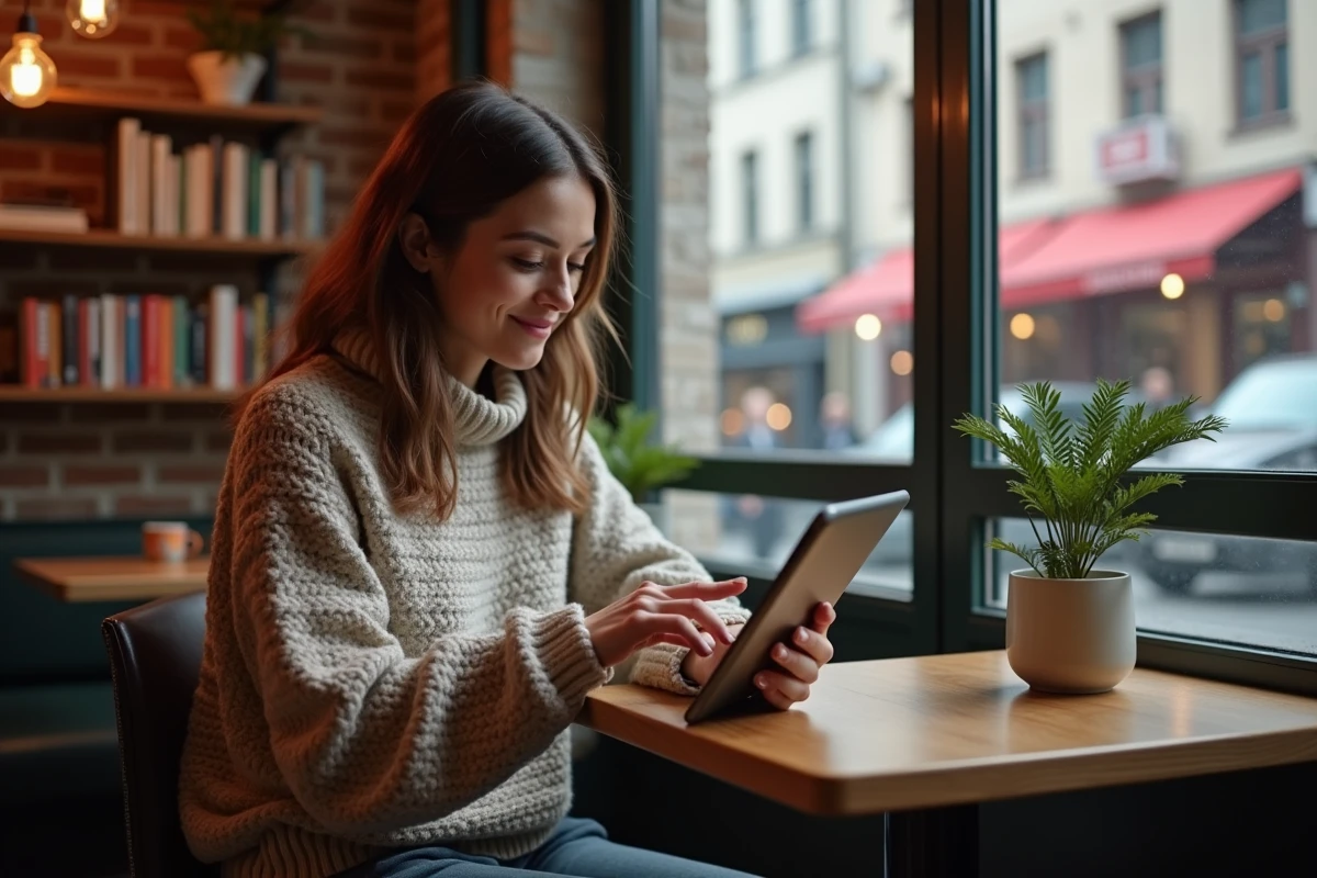 Femme explorant un site de téléchargement au café
