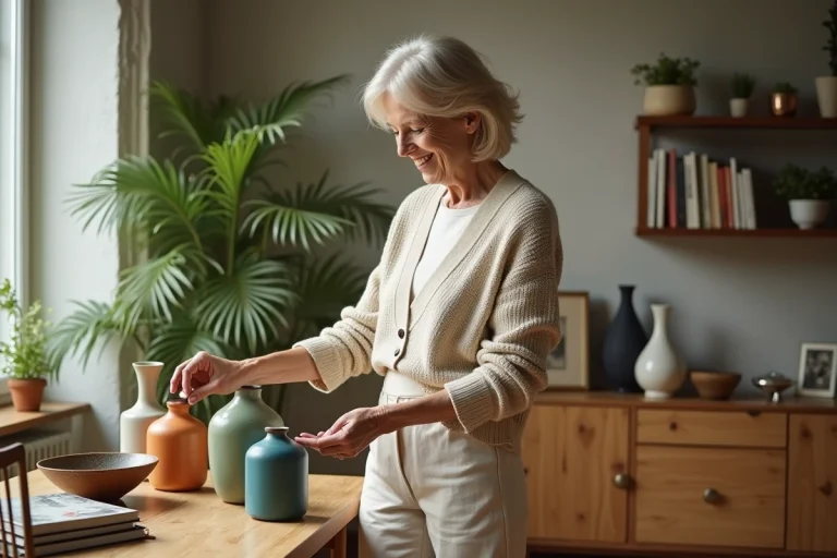 Femme arrangeant des vases en céramique dans un salon lumineux