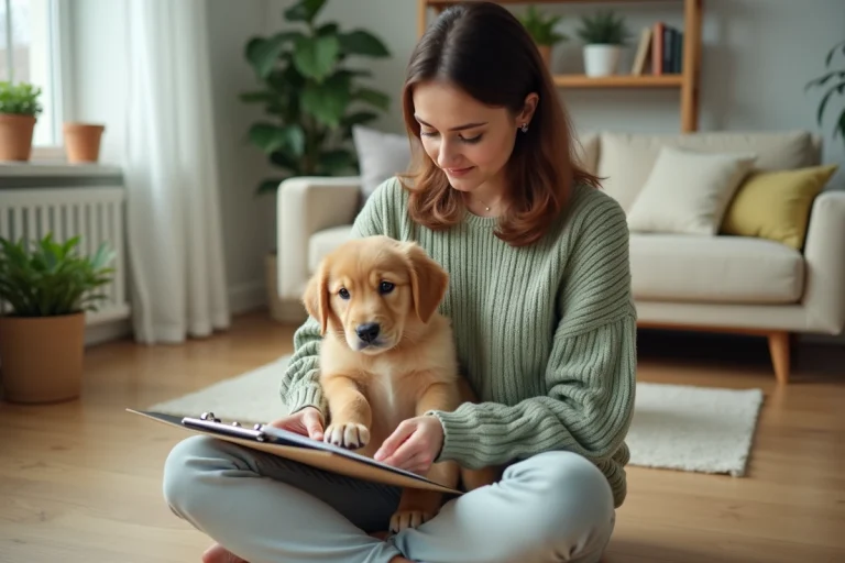 Femme tenant un chiot golden retriever dans ses bras tout en consultant un document d'assurance animaux à domicile