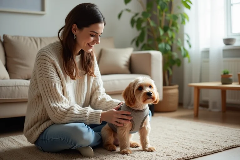 Femme jeune attachant un harnais à son chien dans un intérieur chaleureux