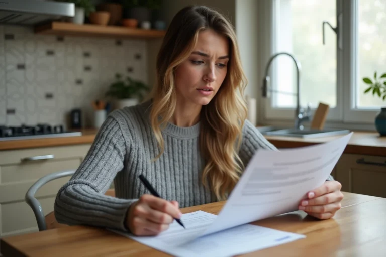 Femme lisant attentivement un contrat de crédit Cofidis à table avant d'exercer son délai de rétractation