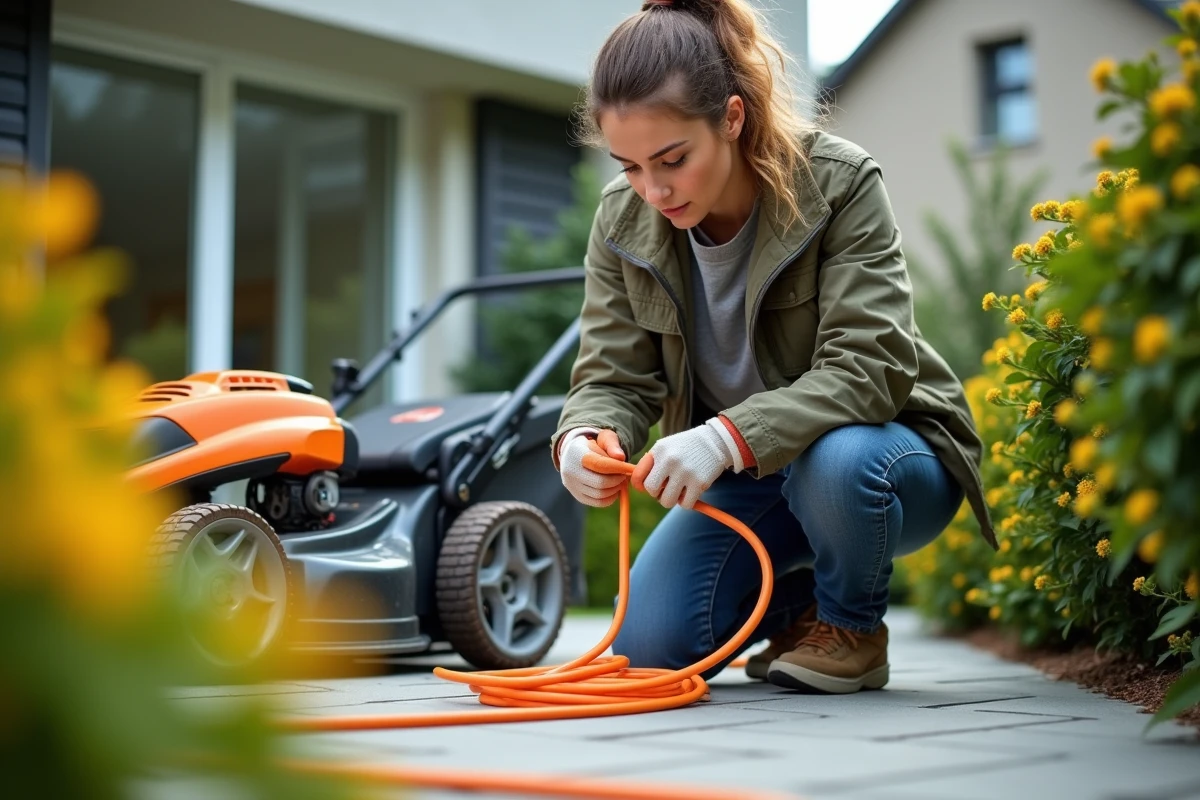 Jeune femme dégageant un câble électrique dans le jardin