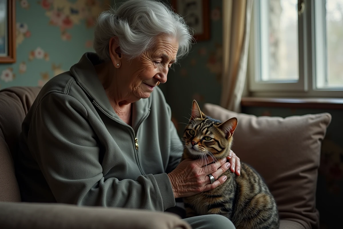 Femme âgée caressant un chat dans un salon modeste