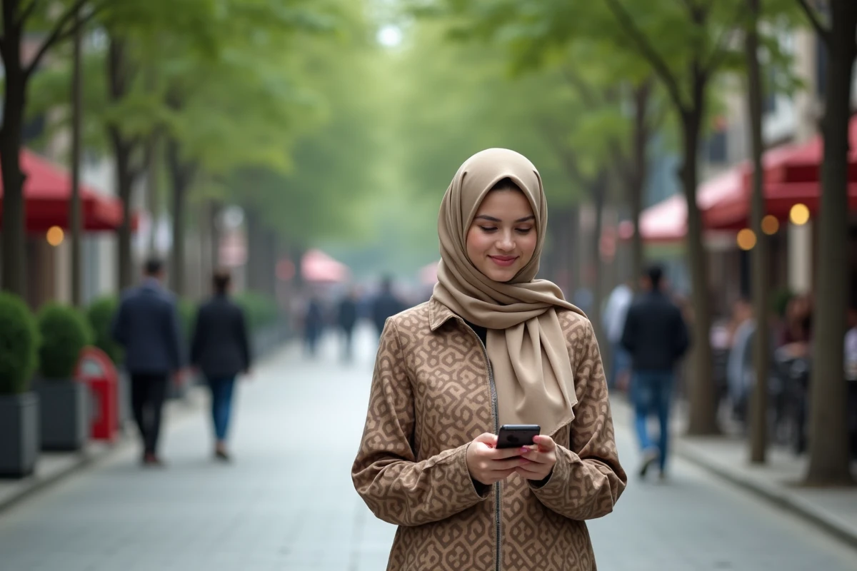 Jeune femme en hijab marche dans une rue urbaine